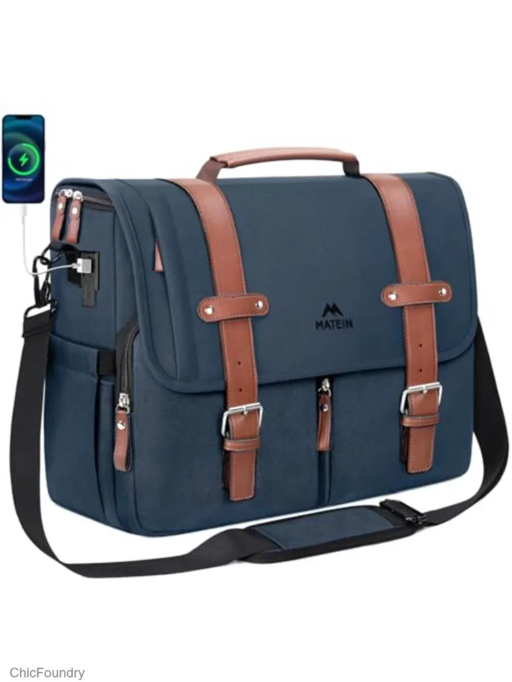 Laptop Briefcase Messenger Bag with USB Charging Port, Polyester